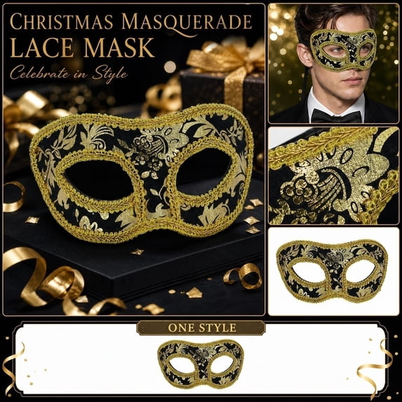 Black and Gold Masquerade Mask, 7 Inch Wide Black Masquerade Mask for Men, Lace Masquerade Mask for Mardi Gras Halloween Venetian Party Accessory, 1 Pack