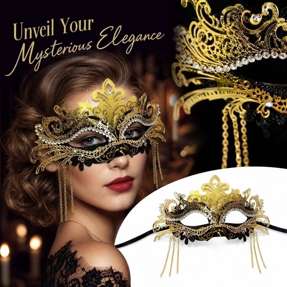 Black and Gold Masquerade Mask for Women, 9 Inch Rhinestone Encrusted Tassel Metal Half Face Mask for Masquerade Party Halloween Mardi Gras Events, 1 Piece