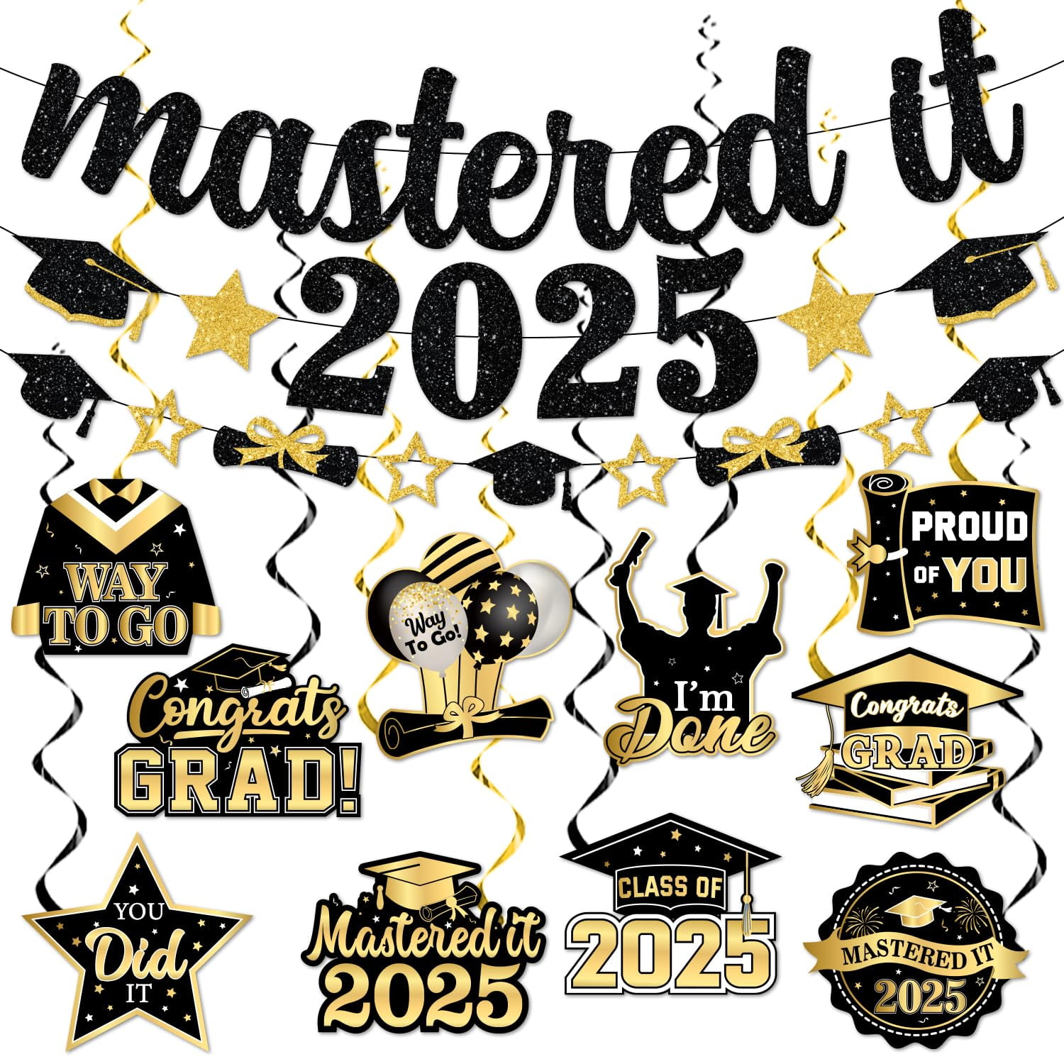 Black and Gold Masters DHF10 Graduation Decorations 2025, Mastered 2025 ...