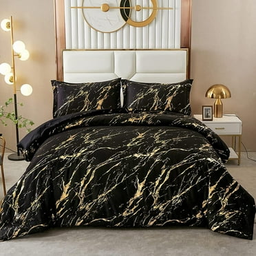 Black Gold Metallic Marble Comforter Set Queen Size,Soft Microfiber Bedding Set(90"x90")