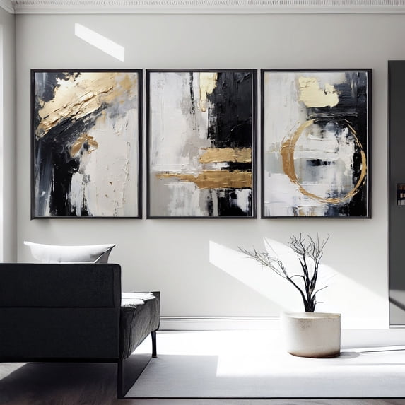 Black Gold Minimal Abstract Wall Art Set 3 Stretched Canvas 8x12