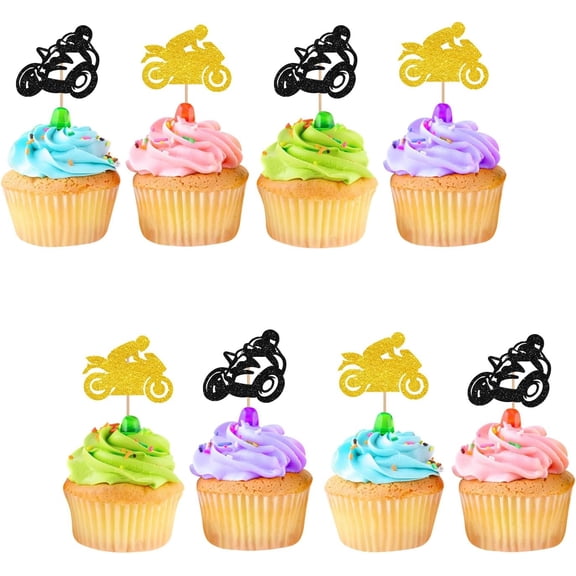 Black Gold Mixed Glitter Racing Motorcycle Rider Cupcake Toppers 12Pcs Motocross Race Sports Birthday Cupcake Decor Picks