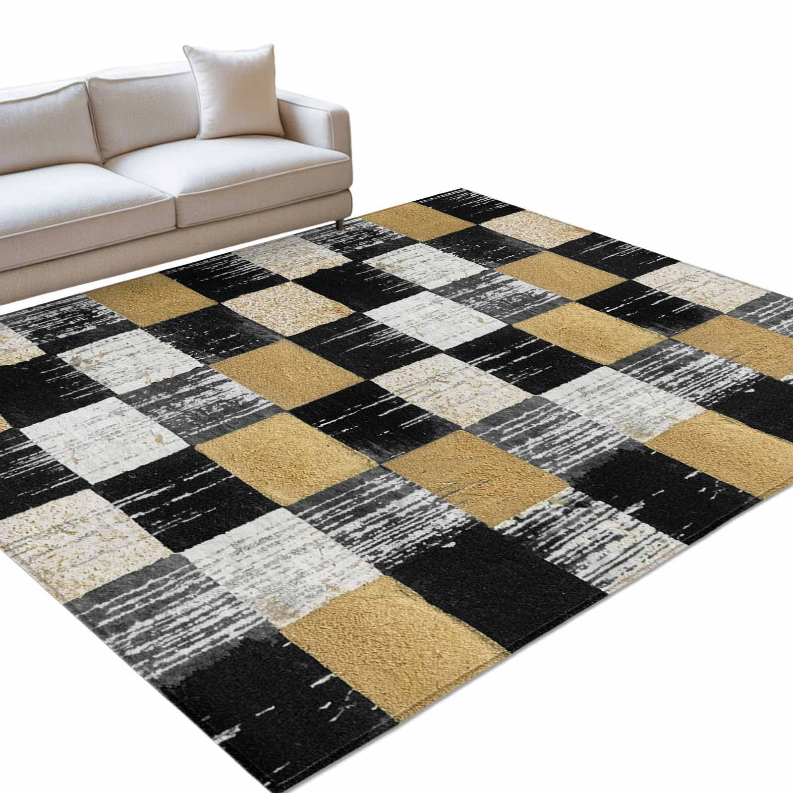 Black Gold Mosaic Area Rugs 4x6ft Rustic Abstract Checkerboard Grids ...