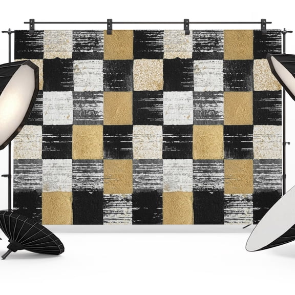 Black Gold Mosaic Backdrops for Photography, Rustic Abstract Checkerboard Grids Fabric Photo Background Sturdy Studio Props for Photo Studio, Video Recording, Booth & Photoshoot 7x5ft