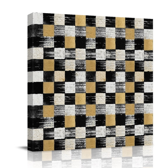 Black Gold Mosaic Canvas Wall Art for Living Room, Rustic Abstract Checkerboard Grids Wall Decor Framed Artwork Pictures Ready to Hang for Bedroom Office Home Decor