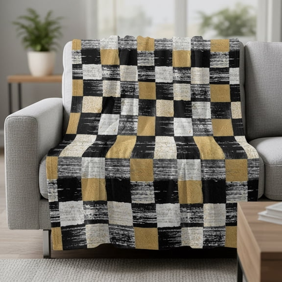 Black Gold Mosaic Fleece Throw Blanket Rustic Abstract Checkerboard Grids Ultra Soft Fuzzy Cozy Flannel Throw Blanket for Couch Sofa Bed Car Travel, Ideal Gifts 50x60 Inches