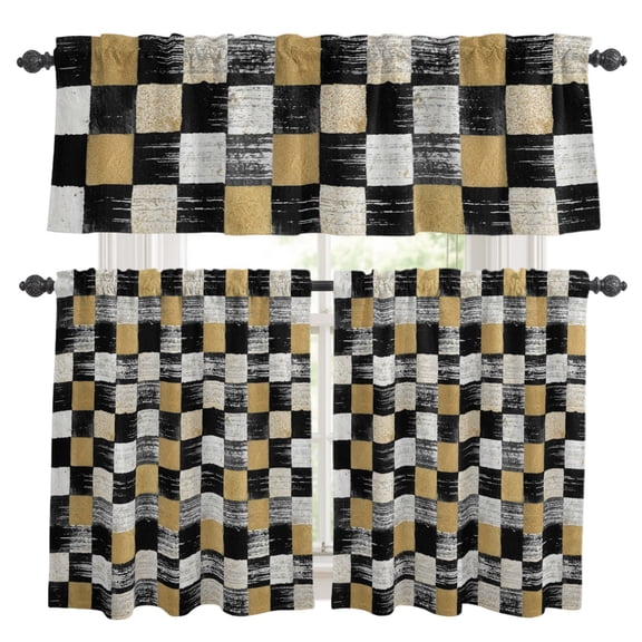 Black Gold Mosaic Kitchen Curtains Set for Windows, Rustic Abstract Checkerboard Grids Curtains Valance and Tier 3 Piece Set Small Drapes 24 Inch Length for Kitchen Bedroom Decor
