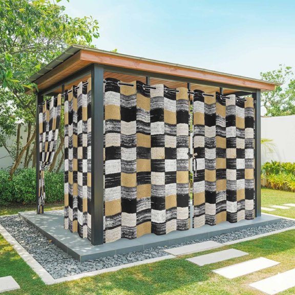 Black Gold Mosaic Outdoor Curtains for Patio, Rustic Abstract Checkerboard Grids Waterproof Outside Curtains Privacy Blackout Curtain for Porch Pergola Cabana, 2 Panel 54W x 108L Inch