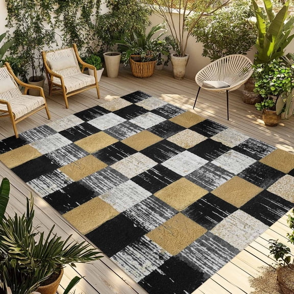 Black Gold Mosaic Outdoor Rug 4x6 ft Rustic Abstract Checkerboard Grids Non Slip Patio Rug Washable Absorbent Large Outdoor Carpet Outside Mat for Porch RV Garden Camping