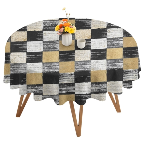 Black Gold Mosaic Round Tablecloth 54 inches Rustic Abstract Checkerboard Grids Waterproof Oil-Proof Table Cloth Round Table Cover for Holiday Party Picnic Dinner Decor Indoor and Outdoor Use
