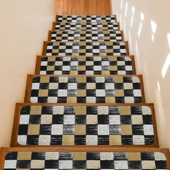 Black Gold Mosaic Stair Treads Non Slip for Steps Rustic Abstract Checkerboard Grids 10 Pcs Reusable Adhesive Stair Runner Mats for Dogs Elders Carpet Treads Rugs for Staircase 8x30 In