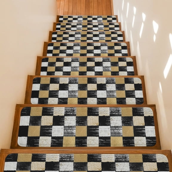 Black Gold Mosaic Stair Treads Non Slip for Steps Rustic Abstract Checkerboard Grids 4 Pcs Reusable Adhesive Stair Runner Mats for Dogs Elders Carpet Treads Rugs for Staircase 8x30 In