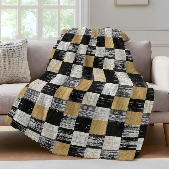 Black Gold Mosaic Throw Blanket for Couch Rustic Abstract Checkerboard Grids Soft and Warm Flannel 3D Striped Fluffy Fuzzy Fleece Blanket Lightweight Throw for Bed, Sofa 40 x 50 Inches