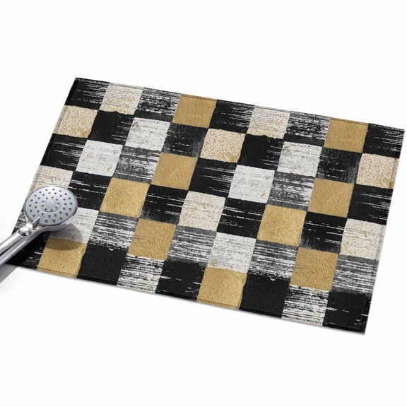 Black Gold Mosaic Washable Area Rug 2 x 3 ft Rustic Abstract Checkerboard Grids Soft Non Slip Rugs Stain Repellent Indoor Felt Carpet for Living Dining Room Bedroom Home Office