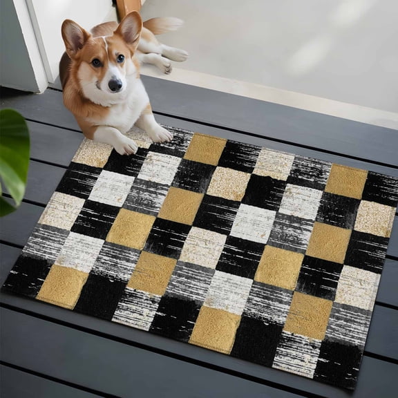 Black Gold Mosaic Washable Entry Rug 2x3 Rustic Abstract Checkerboard Grids Low Pile Indoor Door Mat with Rubber Backing Thin Area Rug for for Entrance, Bedroom, Kitchen, Laundry, Bathroom
