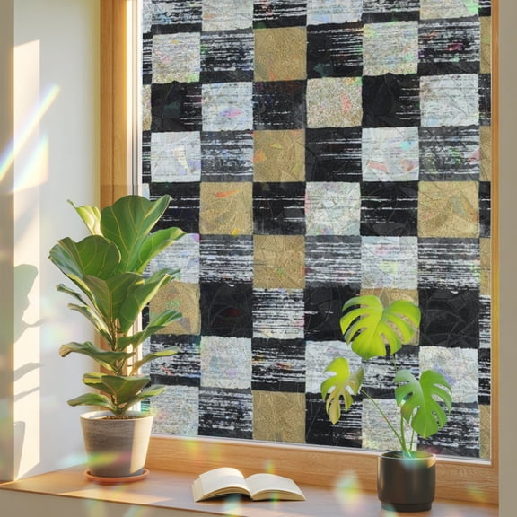 Black Gold Mosaic Window Privacy Film, Rustic Abstract Checkerboard Grids Stained Glass Rainbow Film Decorative Window Clings, Static Cling Sun Blocking Stickers 23.6" x 78.7"