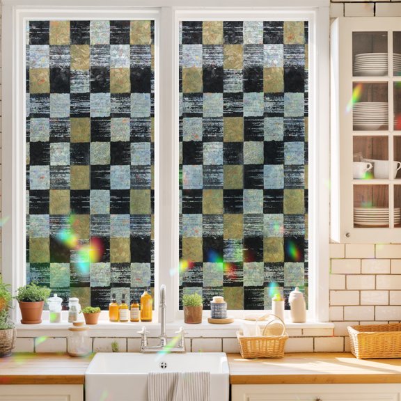 Black Gold Mosaic Window Privacy Film Rustic Abstract Checkerboard Grids Static Cling Stained Glass Window Film Non-Adhesive Decorative Decals Rainbow Sticker 17.7"X39.3"