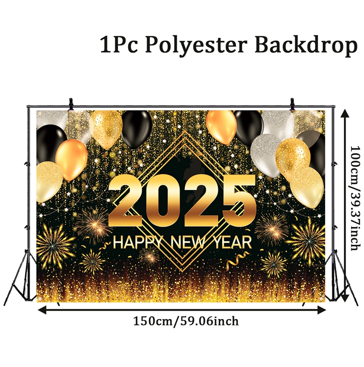 Black Gold New Year Backdrop Banner 2025 Happy New Year Christmas Party ...