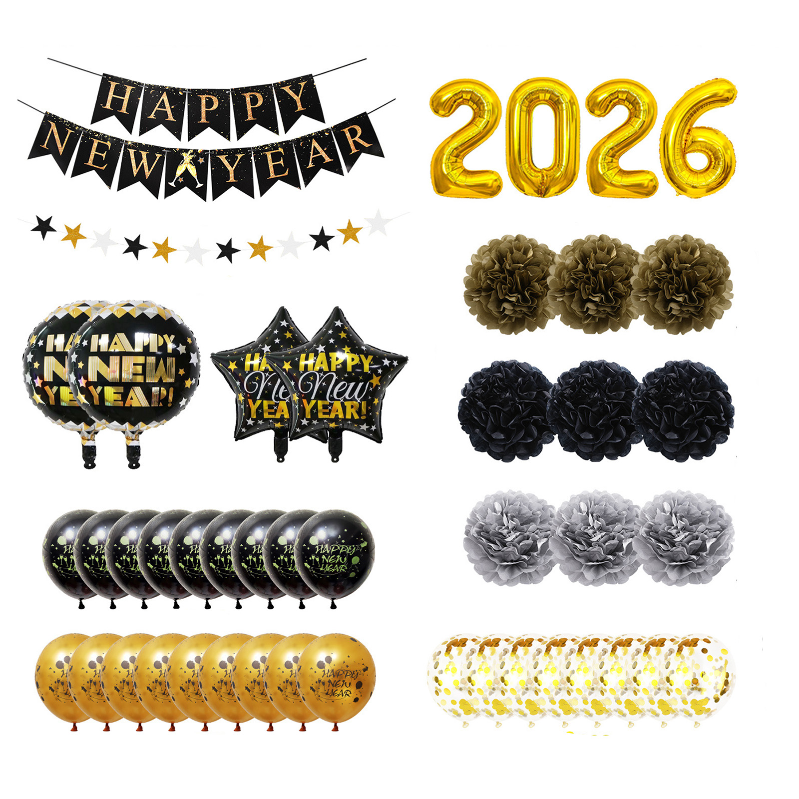 Black Gold New Years Eve Party Supplies 2026, Happy New Year Banner ...