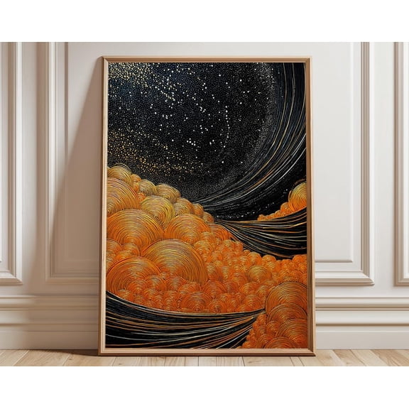 Black Gold Night Sky Japanese Wave Wall Art Print, Unframed Paper Poster 8x10in