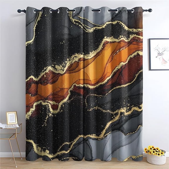 Black Gold Orange Marble Blackout Curtains, Luxury Abstract Geode Patterned Curtains for Bedroom Living Room Decor, Room Darkening Thermal Insulated Grommet Drapes 53"W x 96"L (Pack of 2)