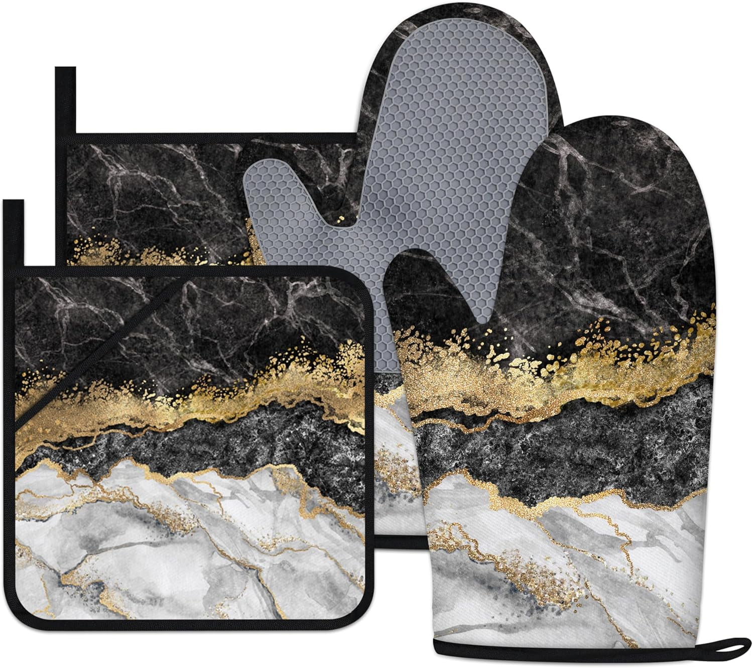 Black Gold Oven Mitts and Pot Holders Sets Marble Kitchen Accessories of 4 Heat Resistant Oven Gloves Hot Pads with Non-Slip Silicone Surface for Chef Cooking Baking