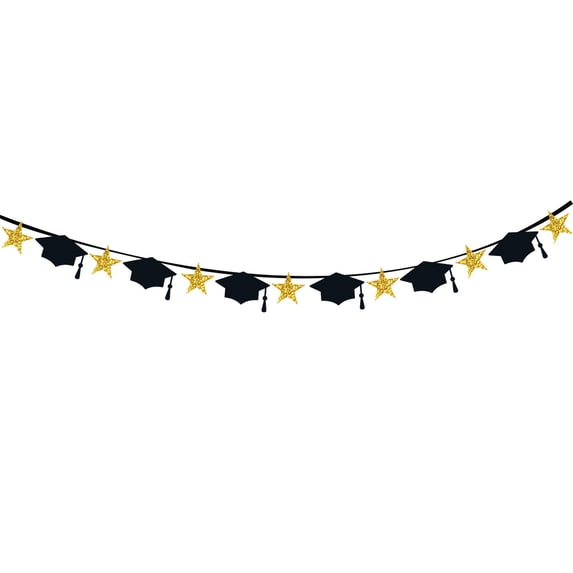 Black and Gold Party Decorations, 2026 Graduation Decorations, Black Glitter Star Graduation Cap Graduation Banners Garland for Congratulation Graduations Party Supplies, School, Home, Car Decor