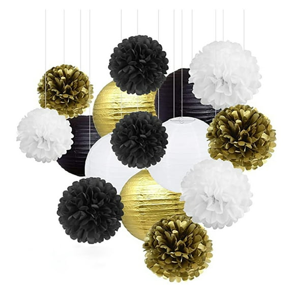 Black Gold Party Decorations, Black Gold Paper Lanterns and Pom Poms Flowers for Birthday Party Graduation Masquerade New Years Party Decor 15PCS