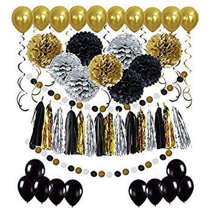 LiHoota Black and Gold Party Decorations - Masquerade and Birthday Party Decorations with DIY Paper Pom Poms Flowers, Tassel Garland, Ba