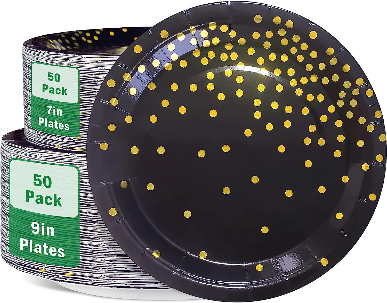 Black and Gold Party Supplies,Black Paper Dessert Plates,100 Pack - 50 x 9" and 50 x 7" Dinner Plates,Disposable Dinnerware Gold Dot Paper Plate for Birthday Retirement Anniversary Party