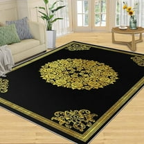 Black And Gold Pattern Area Rug, Abstract Floral Design Indoor Rugs, Area Rugs For Living Room, With Anti-Slip Backing Washable Carpet For Living Room Bedroom Study Dining Room 2' x 3'