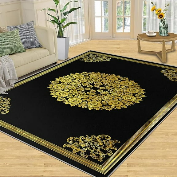 Black And Gold Pattern Area Rug, Abstract Floral Design Indoor Rugs, Area Rugs For Living Room, With Anti-Slip Backing Washable Carpet For Living Room Bedroom Study Dining Room 2' x 3'