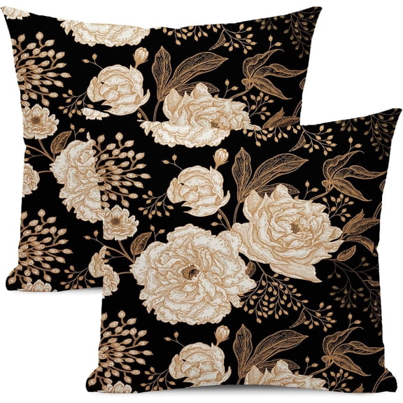 Black And Gold Pillow Covers 16x16 Set Of 2 Vintage Floral Botanical Aesthetic Throw Pillow Covers Outdoor Gold Boho Floral Pillowcase Rustic Farmhouse Decor Linen Cushion Cover For Home Couch