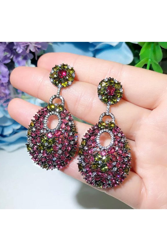 Black Gold Plated CZ Big Long Drop Bridal Earrings for Wedding Rose Red Jewelry
