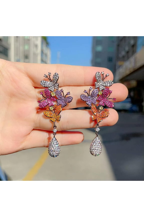 Black Gold Plated CZ Multicolor Rose Red Long Butterfly Drop Earrings for Women