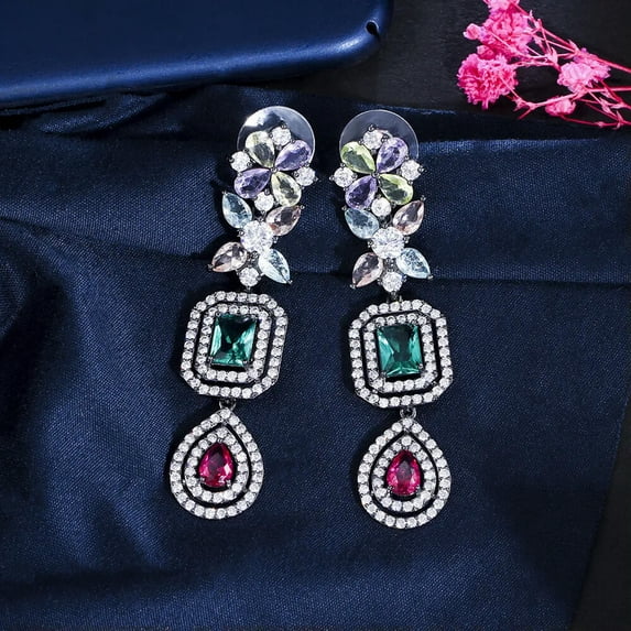 Black Gold Plated Long Dangle Drop Multicolor CZ Round Flower Droplets Earrings