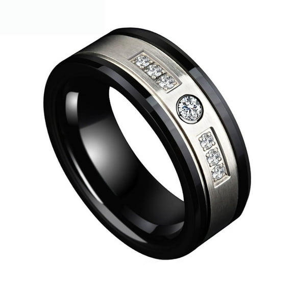 Black Gold Plated Matte 8mm Titanium Steel Mens Ring Men Wedding Band AAA CZ Man Ring