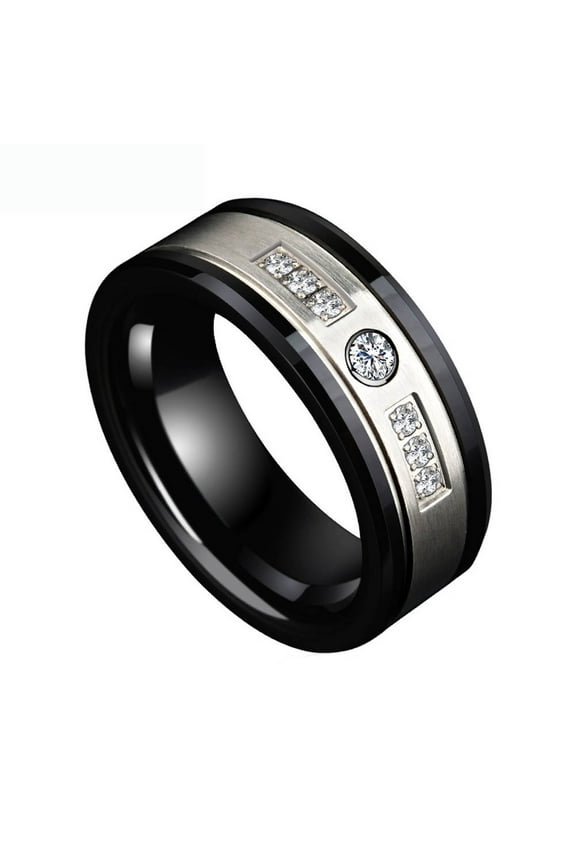 Black Gold Plated Matte 8mm Titanium Steel Mens Ring Men Wedding Band AAA CZ Man Ring