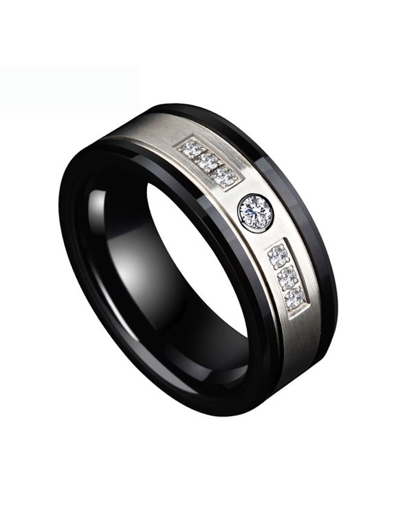 Black Gold Plated Matte 8mm Titanium Steel Mens Ring Men Wedding Band AAA CZ Man Ring