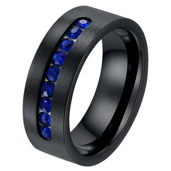 Black Gold Plated Matte 8mm Titanium Steel Mens Ring Men Wedding Band Blue CZ Man Ring
