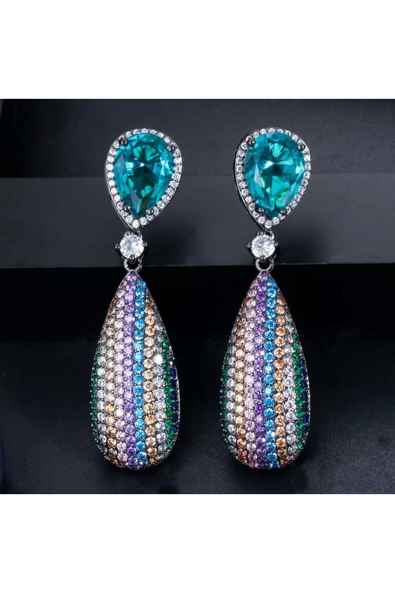 Black Gold Plated Multicolored Cubic Zircon Dangle Drop Rainbow Wedding Earrings