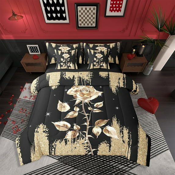 Black Gold Print Shiny 7 Pcs Comforter Set Queen, Rose Bed in a Bag for Women,Galaxy Glitter Sparkle(Not Real)Bedding Set with Flat Fitted Sheet Pillowcase and Sham