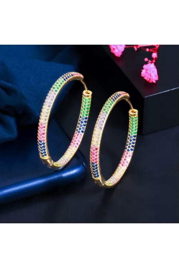 Black Gold Rainbow CZ Round Hoop Earrings for Brides Multicolor Fashion Jewelry