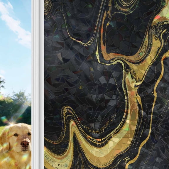 Black Gold Rainbow Window Privacy Film, Marble Luxury Abstract Abstract Fluid Texture Stained Glass Window Film, Sun Blocking Glass Clings Static Cling Non Adhesive Door Stickers 23.6 x 59 Inches