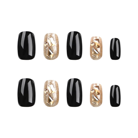 Black Gold Rhinestone Glitter Geometric Press on Nails Medium Square Fake Nails Full Cover Adhesive Press Ons Glossy Glitter Acrylic False Nails Nail Tips DIY Manicure for Women Girls 30 Pcs