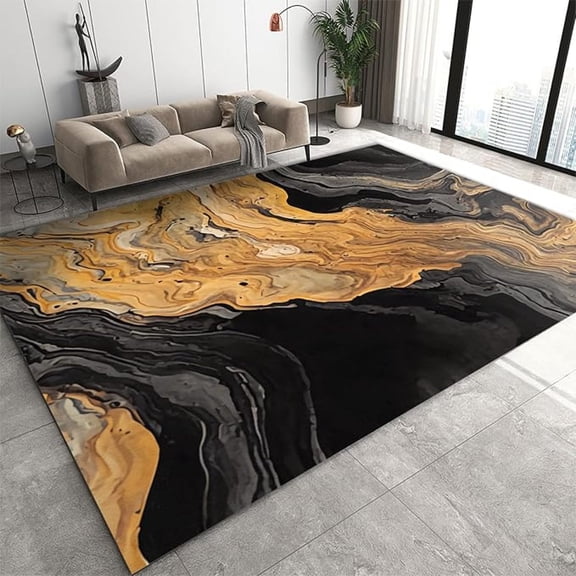 Black Gold Rock Texture Area Rug, Abstract Art Home Decor Rug, Non Slip Low Pile Easy Clean Carpet For Living Room Bedroom Study Office Floor Mat 1x2ft