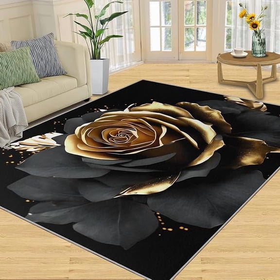 Black Gold Romantic Rose Area Rug Blooming Black Gold Flowers Non Slip Cushioned, Easy Clean Floor Carpet For Entrance Bedroom Bathroom Kitchen 5' x 7'