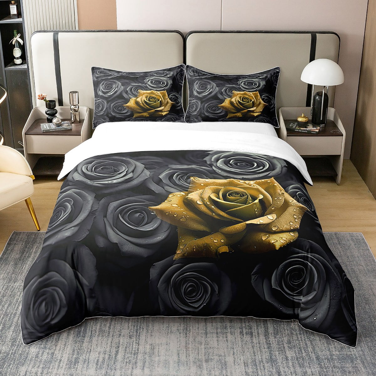 Black Gold Rose Comforter Cover Full Romantic Floral 100 Cotton