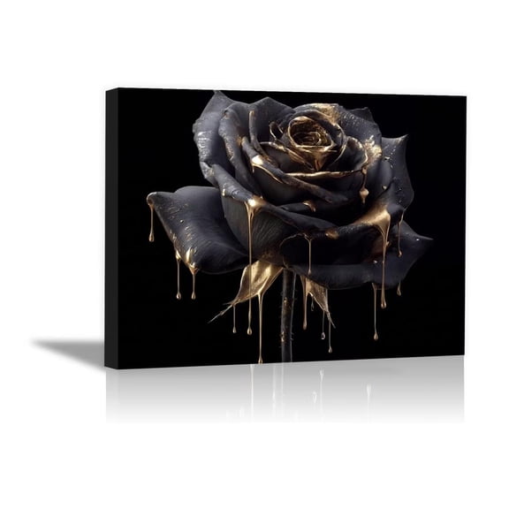 Black Gold Rose-Flower Liquid Drip Canvas Wall Art Framed Luxury Abstract Floral Print for Living Room Office Man Cave Home Decor. - 12"L x 8"W