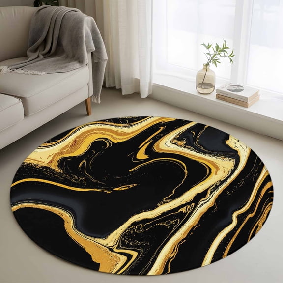Black Gold Round Area Rugs 3 ft, Marble Luxury Abstract Glitter Fluid Pattern Washable Small Area Rug with Non-Slip Sturdy Edge Binding Round Front Door Mat Floor Carpet for Entryway